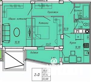 2-к квартира, вторичка, 63м2, 2/9 этаж