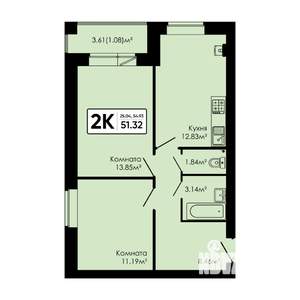 2-к квартира, вторичка, 51м2, 1/4 этаж