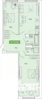 2-к квартира, строящийся дом, 74м2, 2/14 этаж