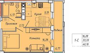1-к квартира, вторичка, 40м2, 7/9 этаж