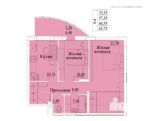 2-к квартира, вторичка, 64м2, 6/14 этаж
