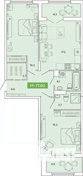 2-к квартира, строящийся дом, 78м2, 6/14 этаж