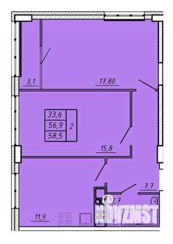 2-к квартира, строящийся дом, 59м2, 9/17 этаж