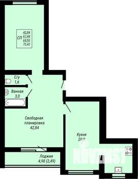 1-к квартира, строящийся дом, 72м2, 6/9 этаж