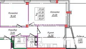 2-к квартира, вторичка, 69м2, 8/14 этаж