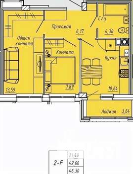 2-к квартира, вторичка, 46м2, 1/9 этаж
