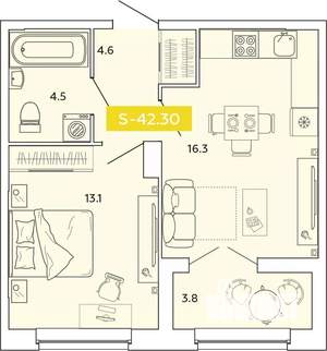1-к квартира, строящийся дом, 42м2, 4/14 этаж