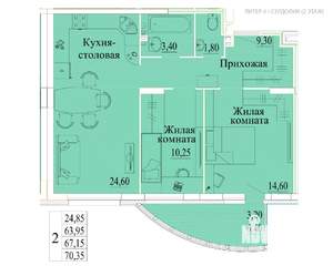2-к квартира, сданный дом, 70м2, 2/14 этаж