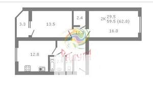 2-к квартира, вторичка, 60м2, 2/9 этаж