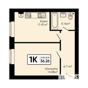 1-к квартира, вторичка, 36м2, 1/4 этаж