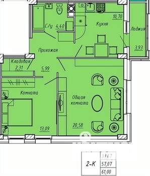 2-к квартира, вторичка, 61м2, 1/9 этаж