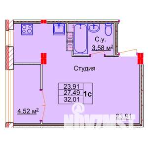 Студия квартира, строящийся дом, 32м2, 14/15 этаж