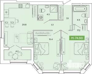 2-к квартира, строящийся дом, 75м2, 9/14 этаж