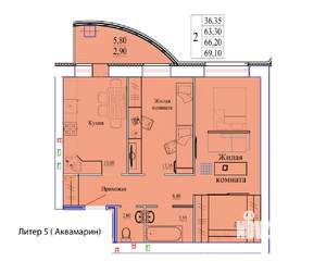 2-к квартира, вторичка, 69м2, 6/9 этаж