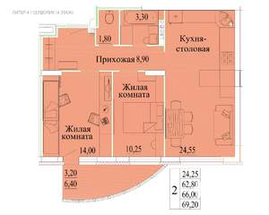 2-к квартира, вторичка, 69м2, 4/14 этаж