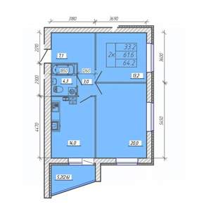 2-к квартира, вторичка, 64м2, 1/9 этаж