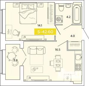 1-к квартира, вторичка, 43м2, 6/14 этаж