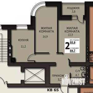 2-к квартира, строящийся дом, 58м2, 6/10 этаж
