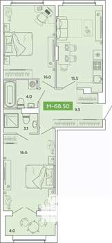 2-к квартира, строящийся дом, 69м2, 2/14 этаж