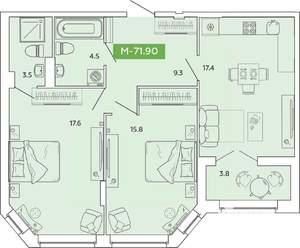 2-к квартира, вторичка, 72м2, 8/14 этаж