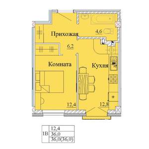 1-к квартира, строящийся дом, 36м2, 2/14 этаж
