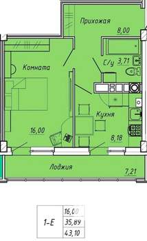 1-к квартира, вторичка, 43м2, 7/9 этаж