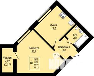 1-к квартира, строящийся дом, 43м2, 2/9 этаж