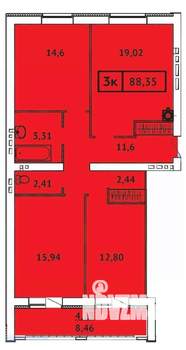 3-к квартира, строящийся дом, 88м2, 1/9 этаж