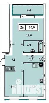 2-к квартира, строящийся дом, 60м2, 6/9 этаж