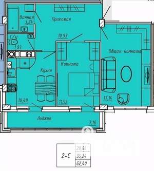 2-к квартира, вторичка, 62м2, 2/9 этаж