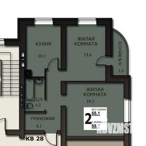 2-к квартира, строящийся дом, 57м2, 9/10 этаж