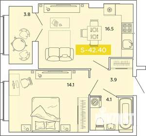 1-к квартира, вторичка, 42м2, 2/14 этаж
