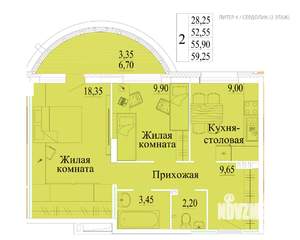 2-к квартира, строящийся дом, 59м2, 2/14 этаж