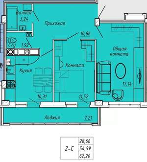 2-к квартира, вторичка, 62м2, 7/9 этаж