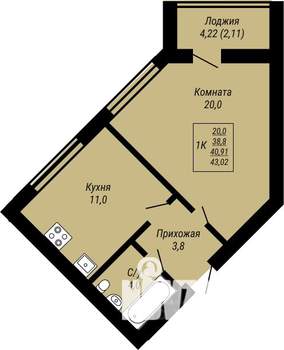 1-к квартира, вторичка, 43м2, 7/9 этаж