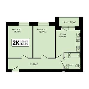 2-к квартира, вторичка, 55м2, 1/4 этаж