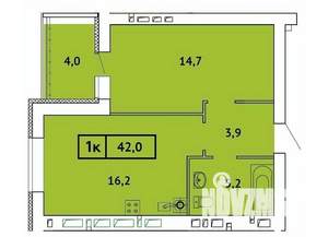 1-к квартира, строящийся дом, 42м2, 6/9 этаж