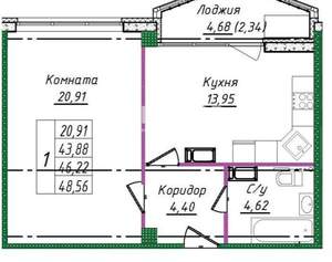 1-к квартира, вторичка, 49м2, 6/14 этаж