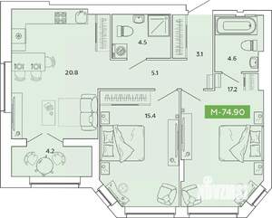 2-к квартира, вторичка, 74м2, 11/14 этаж