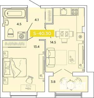 1-к квартира, строящийся дом, 40м2, 5/14 этаж