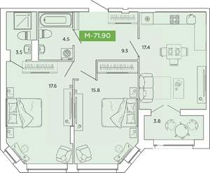 2-к квартира, вторичка, 72м2, 2/14 этаж