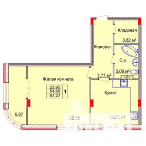 1-к квартира, строящийся дом, 61м2, 11/15 этаж