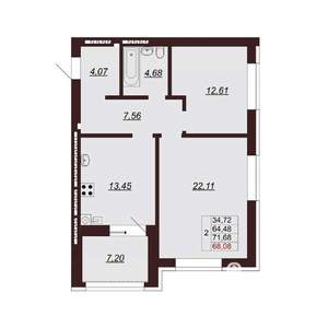 2-к квартира, строящийся дом, 70м2, 8/9 этаж