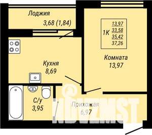 1-к квартира, строящийся дом, 37м2, 4/9 этаж
