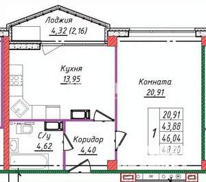 1-к квартира, вторичка, 48м2, 4/8 этаж