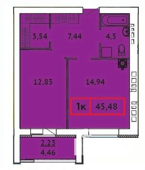 1-к квартира, строящийся дом, 45м2, 1/9 этаж