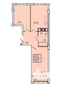 2-к квартира, строящийся дом, 57м2, 2/17 этаж