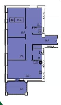 3-к квартира, строящийся дом, 86м2, 5/9 этаж