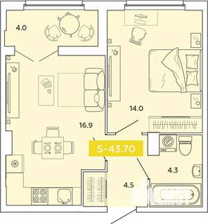 1-к квартира, строящийся дом, 44м2, 8/14 этаж