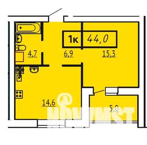 1-к квартира, строящийся дом, 44м2, 6/9 этаж